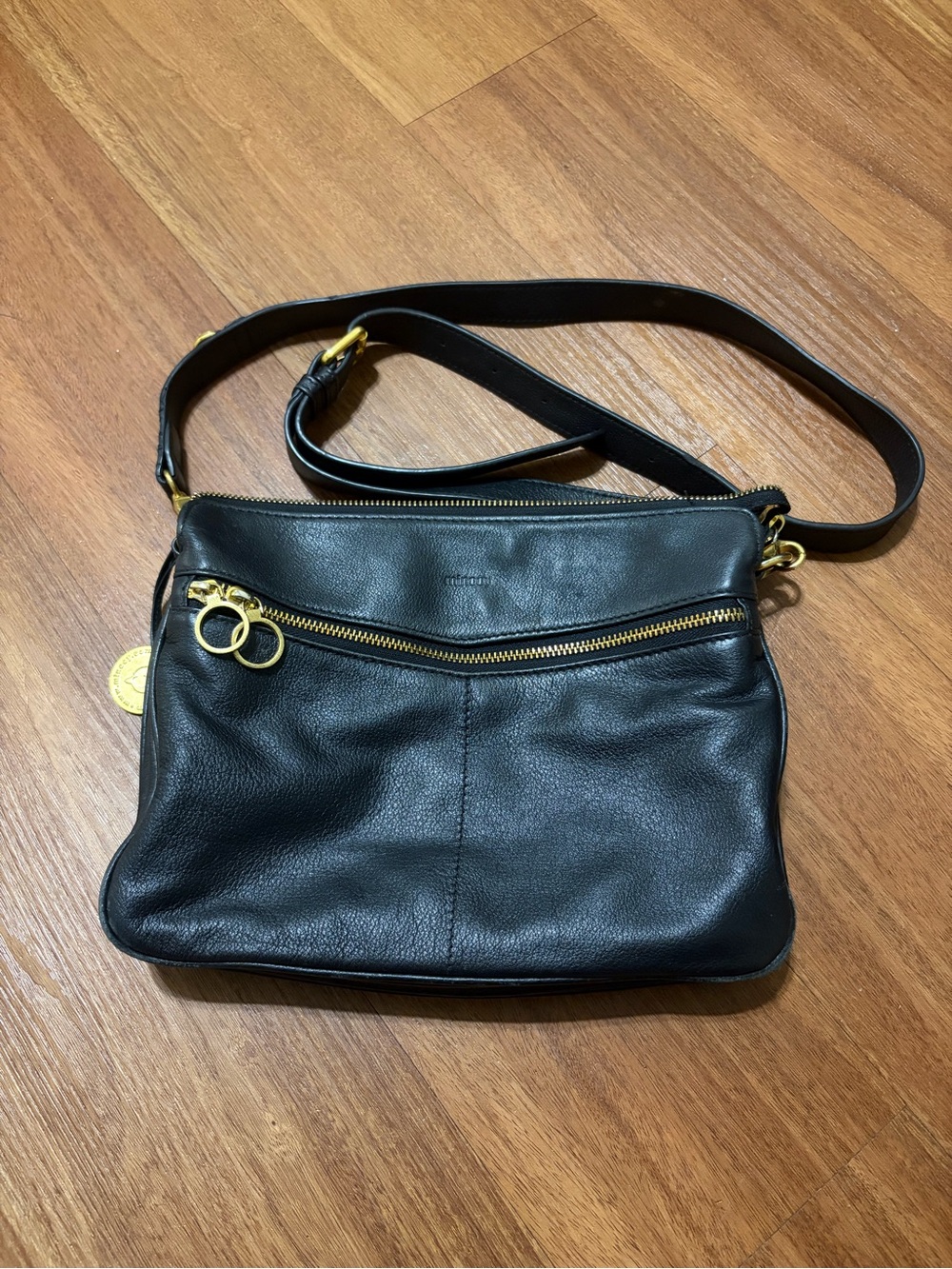 Minooy Calypso Crossbody Bag Black Leather & Gold Hardware Shoulder Strap VGUC